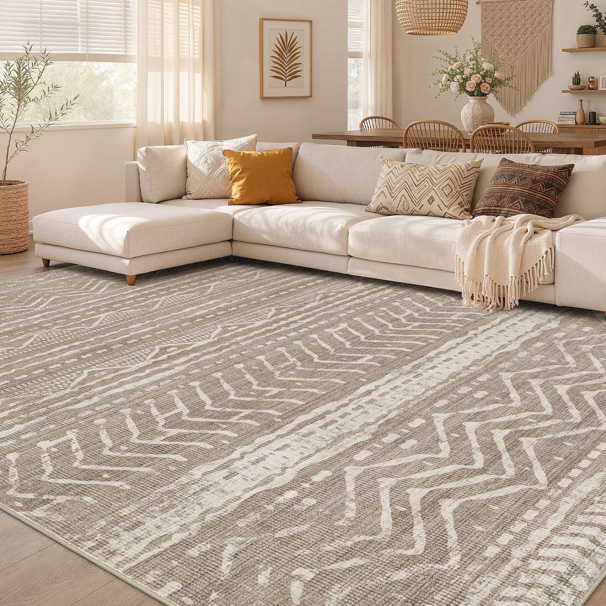 Nakagishi Boho 5x7 Area Rug Living Room Rugs Machine Washable Beige/Brown | Soft, Pet & Kid Friendly, Carpet for Living Room/Bedroom/Office/Kitchen/Nursery, Daily Home Decor Stain Resistant Moroccan