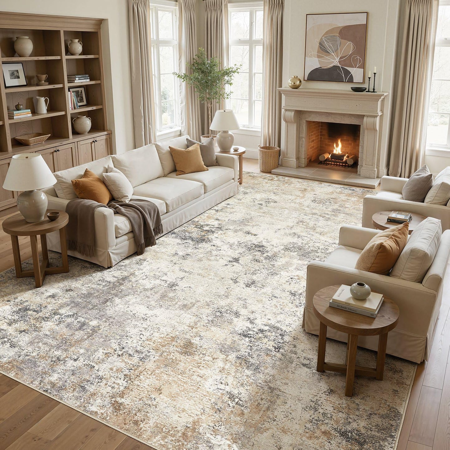 UERMEI 8x10 Area Rug Living Room Rugs - Washable Neutral Modern Abstract Soft Thin Large Rug Indoor Floor No Slip Rug Carpet for Bedroom Under Dining Table Home Office Decor - Brown Grey