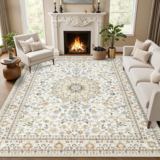 5x7 Area Rugs Living Room: Washable Vintage Rug for Bedroom Beige | Boho No Slip Stain Resistant Rug Soft Indoor Decor Floor Floral 5x7 Area Rugs for Dining Room, Nursery, Hallway, Home Office