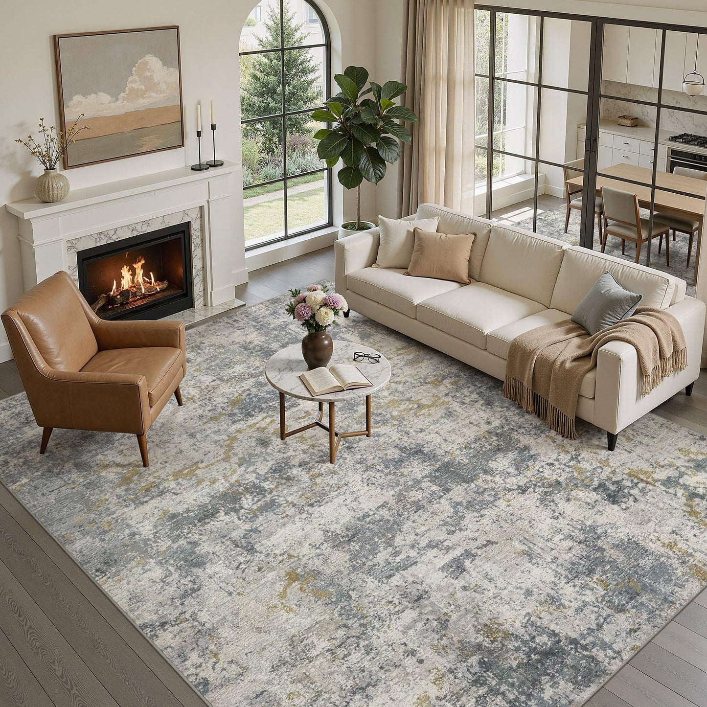 kakania 9x12 Washable Area Rug: Non Slip Soft Thin Carpet, Boho Geometric Modern Decor, Easy Clean Indoor Floor Large Rugs for Living Room Bedroom Kids Dorm Office Dining - Brown