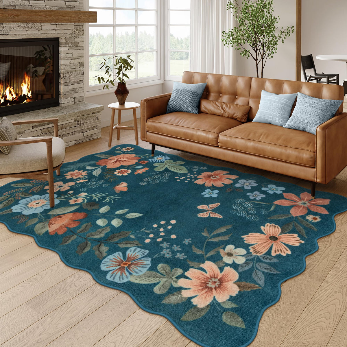 Lahome Floral Washable Living Room Rug, 5x7 Area Rugs for Bedroom Soft | Dining Room Rug Ultra-Thin Non Slip Stain Resistant Boho Low-Pile Throw Carpet for Office Flore (5x7ft, Beige)