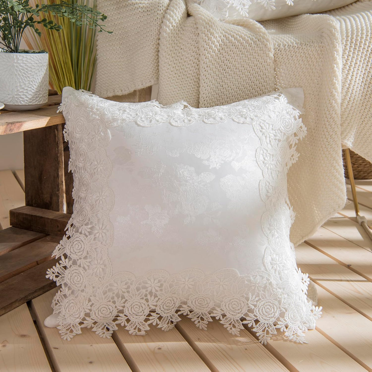 Jacquard Throw Pillow Covers French Cushion Cover Embroidery Lace Throw Pillow Cases for Couch Sofa Farmhouse Home Decoration Square 18 x18 Inch Set of 2 White