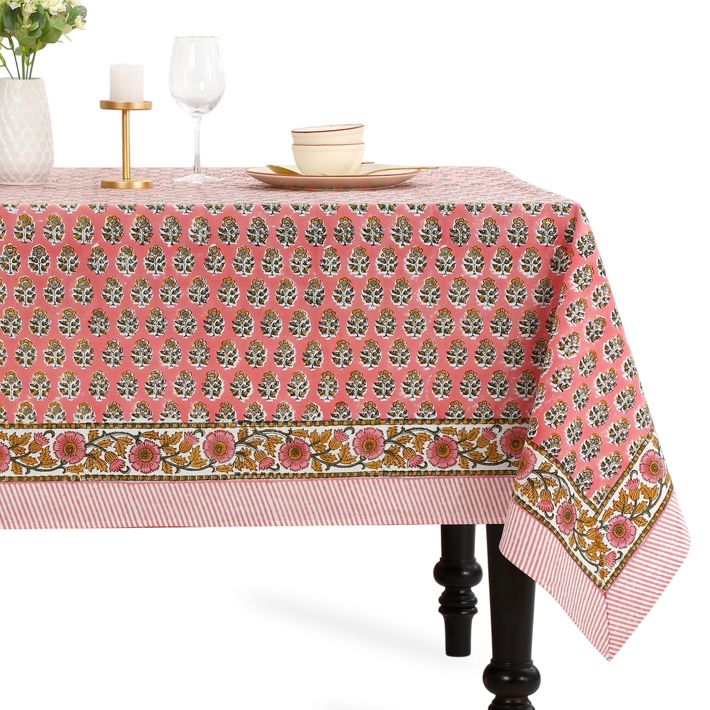 CPC Tablecloth 100% Cotton 70x108 Inch Indian Block Print Rectangle Table Cover, Blue Table Cloth for Weddings, Spring/Summer, Barbeque - Apatite Blue