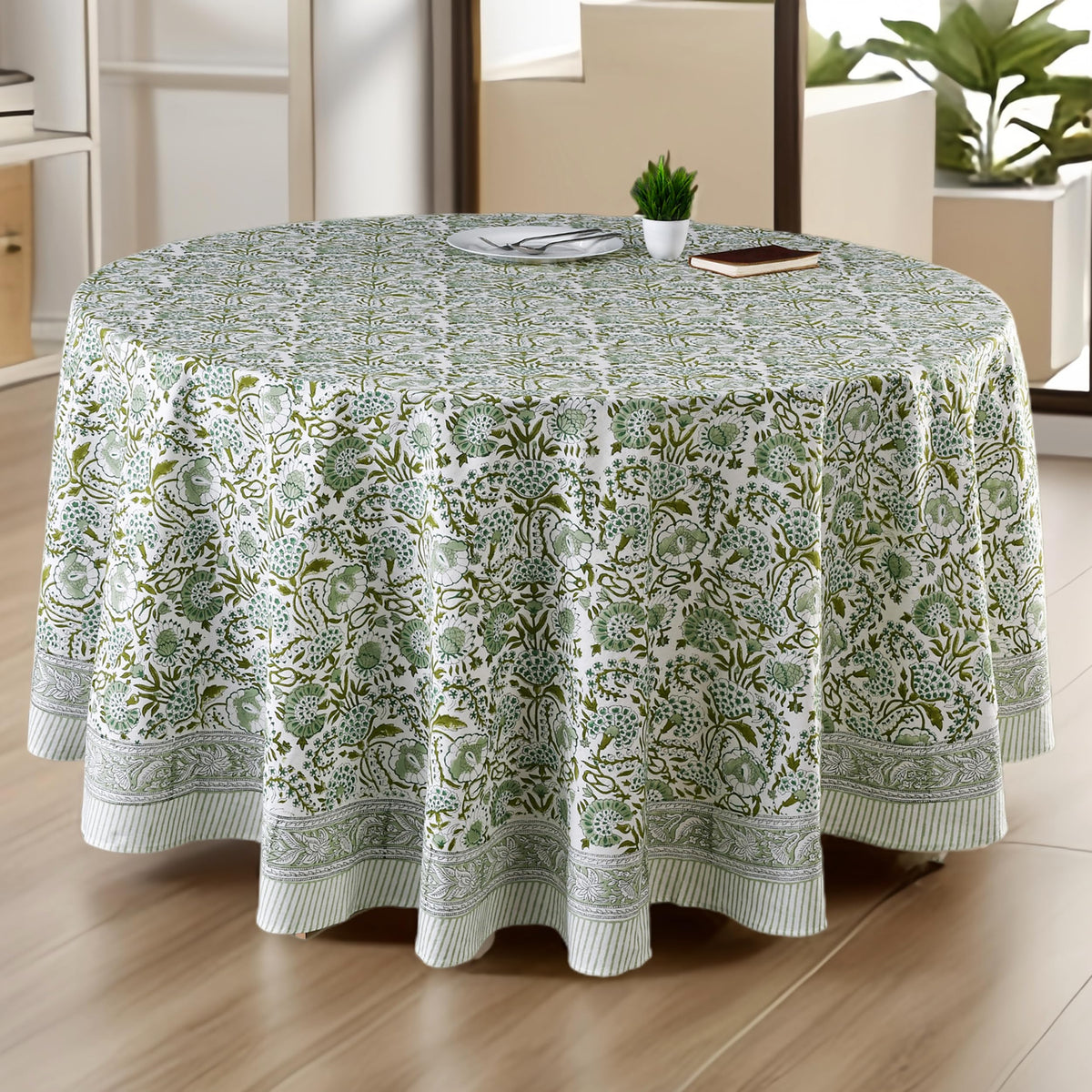 CPC Apatite Blue Block Print Cotton Handmade Round Tablecloth 110 Inch Decorative Table Cover for Home Decor, Dinning, Festive, Wedding, Farmhouse Gift for Spring, Mother's Day