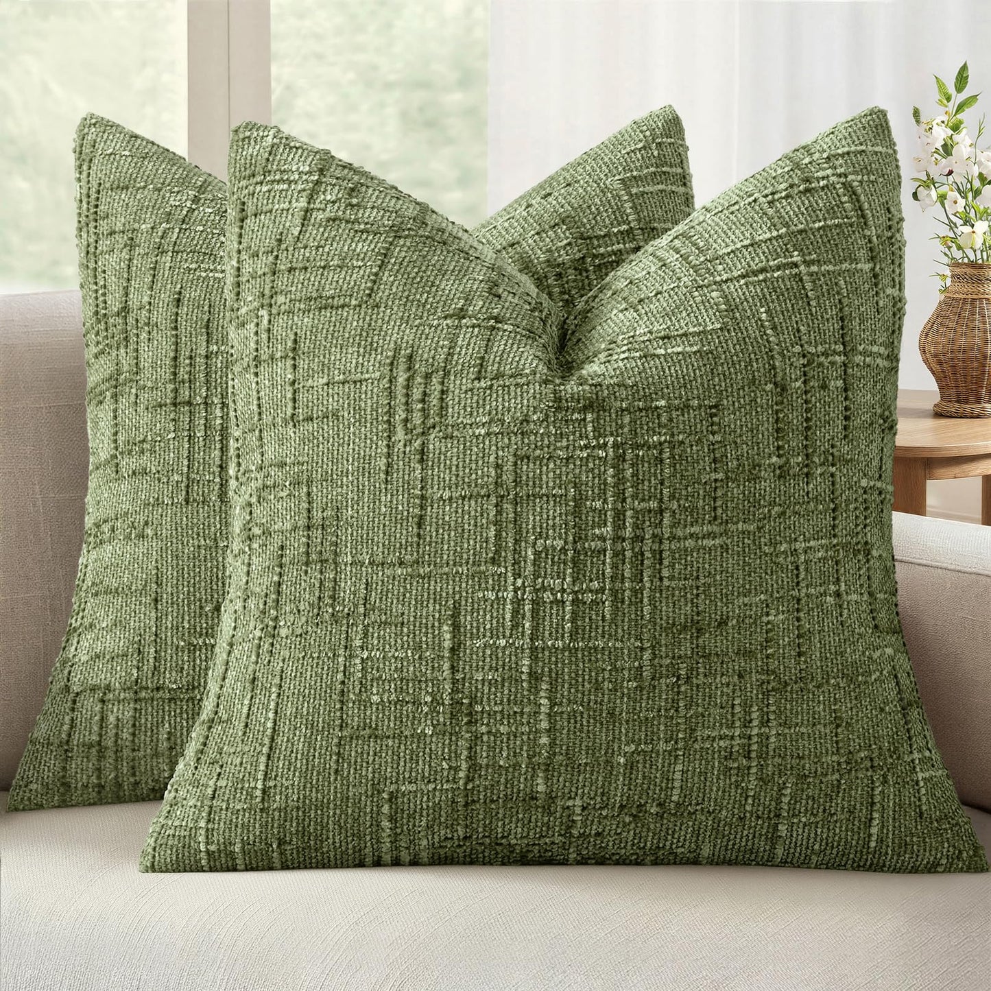 MIULEE Chenille Textured Throw Pillow Covers Cream White 18x18 Set of 2 | Slubby Decorative Pillows, Boho Farmhouse Home Decor, Modern Neutral Cushion Covers for Couch Sofa Bed Living Room