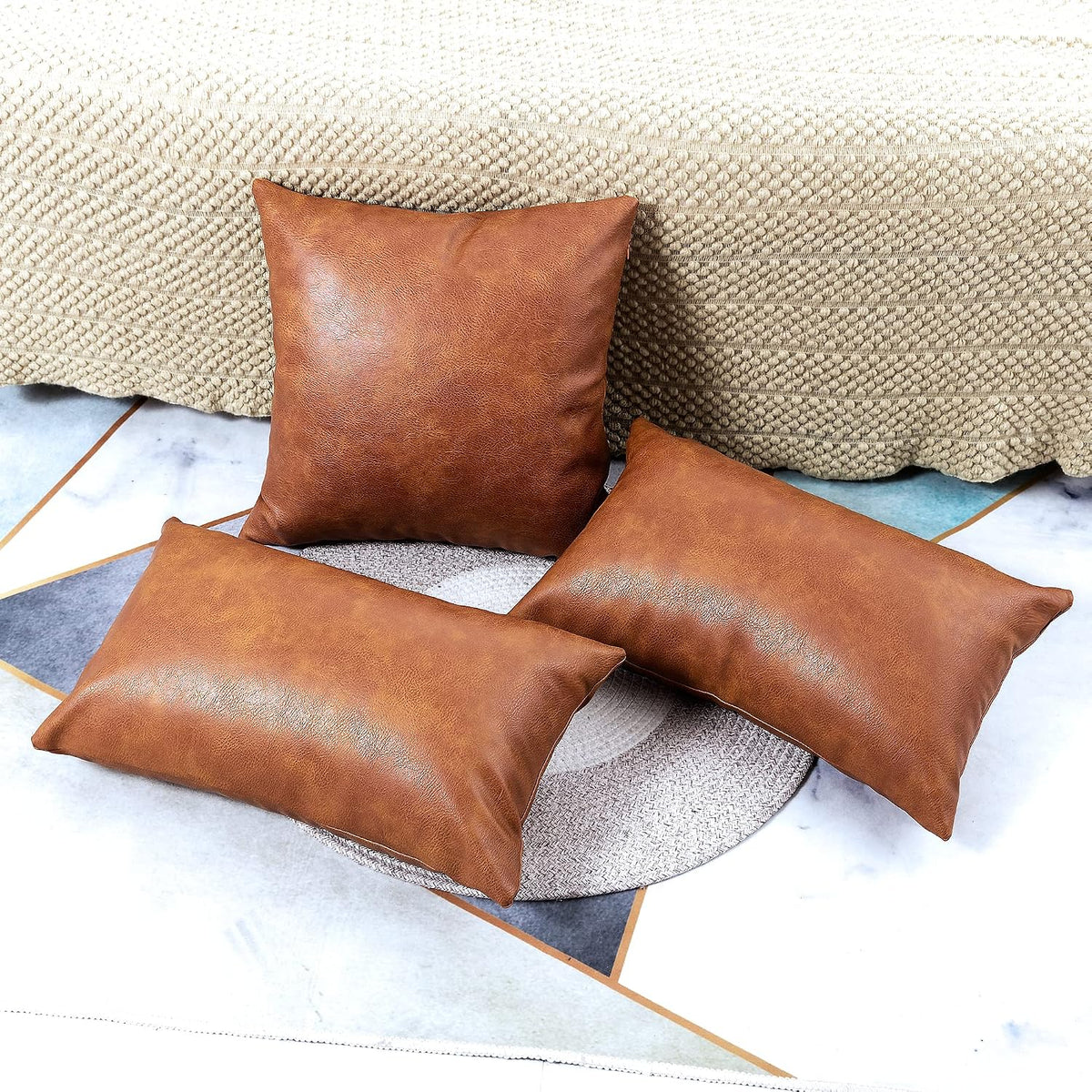 PANOD Pack of 2 Premium Faux Leather Throw Pillow Covers, Modern Luxury Decorative Lumbar Throw Pillow Case Cushion Cases for Farmhouse Sofa Couch Bed Car Outdoor,12x20 inch Brown