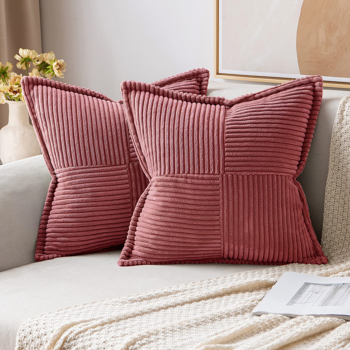 MIULEE Decorative Throw Pillow Covers for Couch 18x18 Inch Beige 2 Pack | Boho Broadside Striped Patchwork Pillow Covers, Soft Corduroy Cushion Cases, For Sofa Bed Livingroom Home Decor