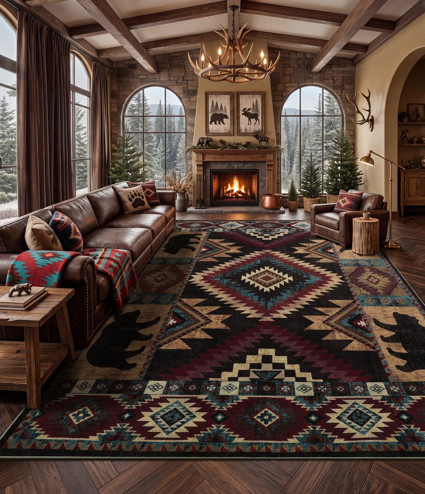 Rustic Cabin Area Rug 5x7,Machine Washable Lodge Bear Rug,Non-Slip Low Pile Print Pattern Southwestern Rug for Living Room Bedroom