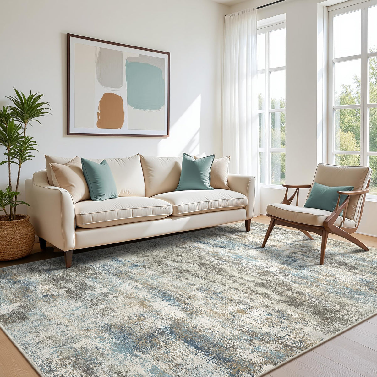 BEIMO 5x7 Green Abstract Area Rug, Washable Non-Slip for Bedroom | Soft Low-Pile Carpet, Lightweight and Easy to Vacuum, Sage Living Rooms, Dining Rooms, Bedrooms, and Home Offices