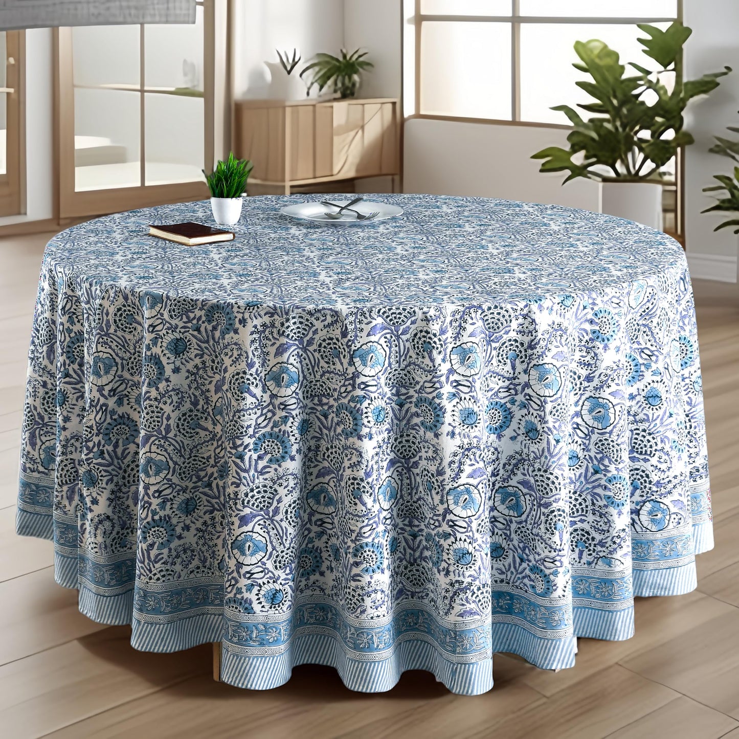 CPC Apatite Blue Block Print Cotton Handmade Round Tablecloth 110 Inch Decorative Table Cover for Home Decor, Dinning, Festive, Wedding, Farmhouse Gift for Spring, Mother's Day