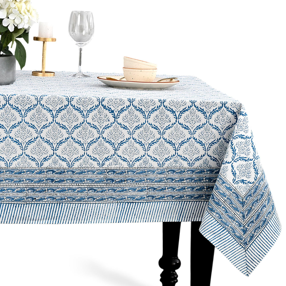 CPC Tablecloth 100% Cotton 70x108 Inch Indian Block Print Rectangle Table Cover, Blue Table Cloth for Weddings, Spring/Summer, Barbeque - Apatite Blue