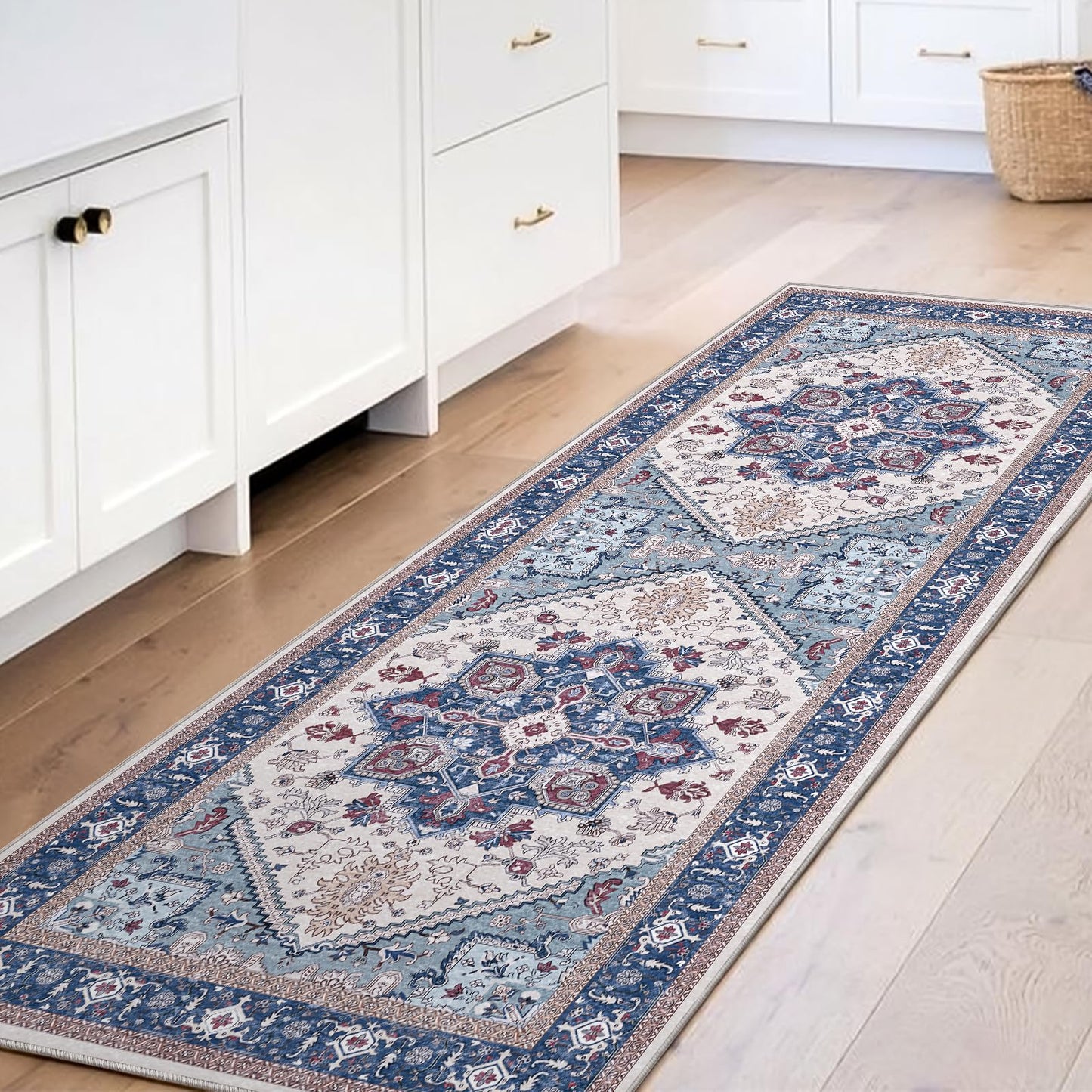 OPPODREAM Soft Area Rugs 5x7, Persian-Inspired Washable Rug, Blue & Gold | Low-Pile Faux Cashmere Surface, TPR Non-Slip Backing, 5 x 7 Carpet for Bedroom, Office, Dorm, Dining Room