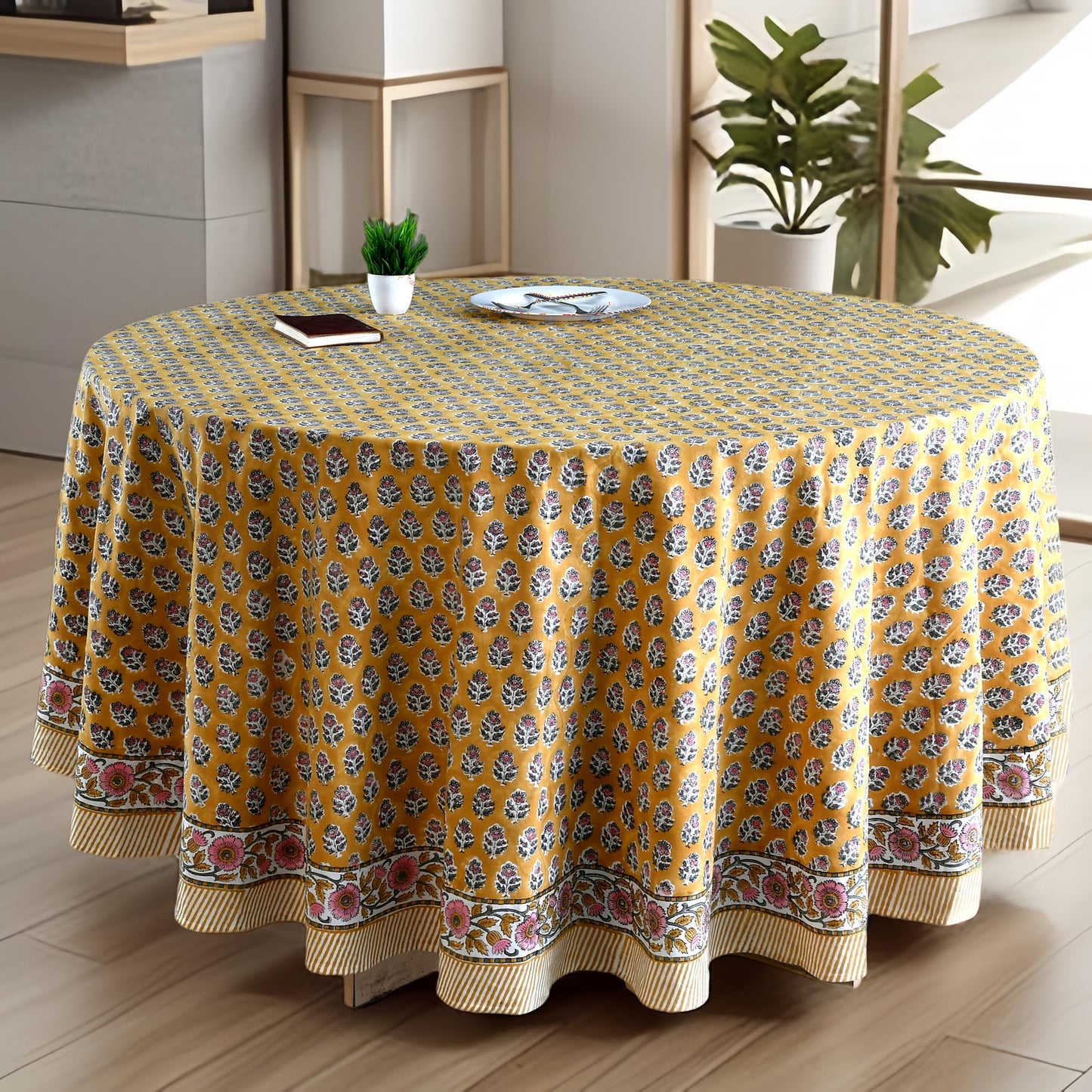 CPC Apatite Blue Block Print Cotton Handmade Round Tablecloth 110 Inch Decorative Table Cover for Home Decor, Dinning, Festive, Wedding, Farmhouse Gift for Spring, Mother's Day