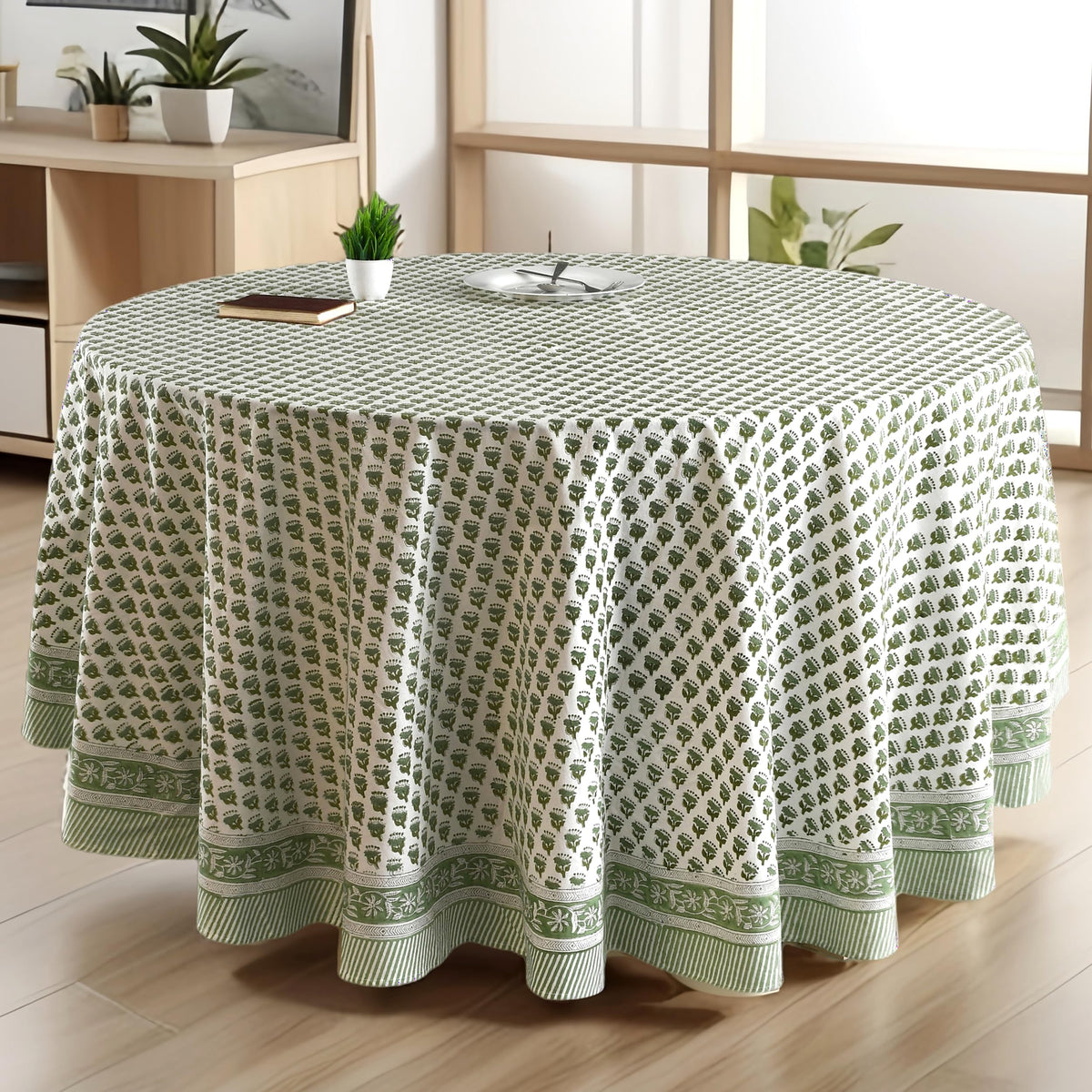 CPC Apatite Blue Block Print Cotton Handmade Round Tablecloth 110 Inch Decorative Table Cover for Home Decor, Dinning, Festive, Wedding, Farmhouse Gift for Spring, Mother's Day