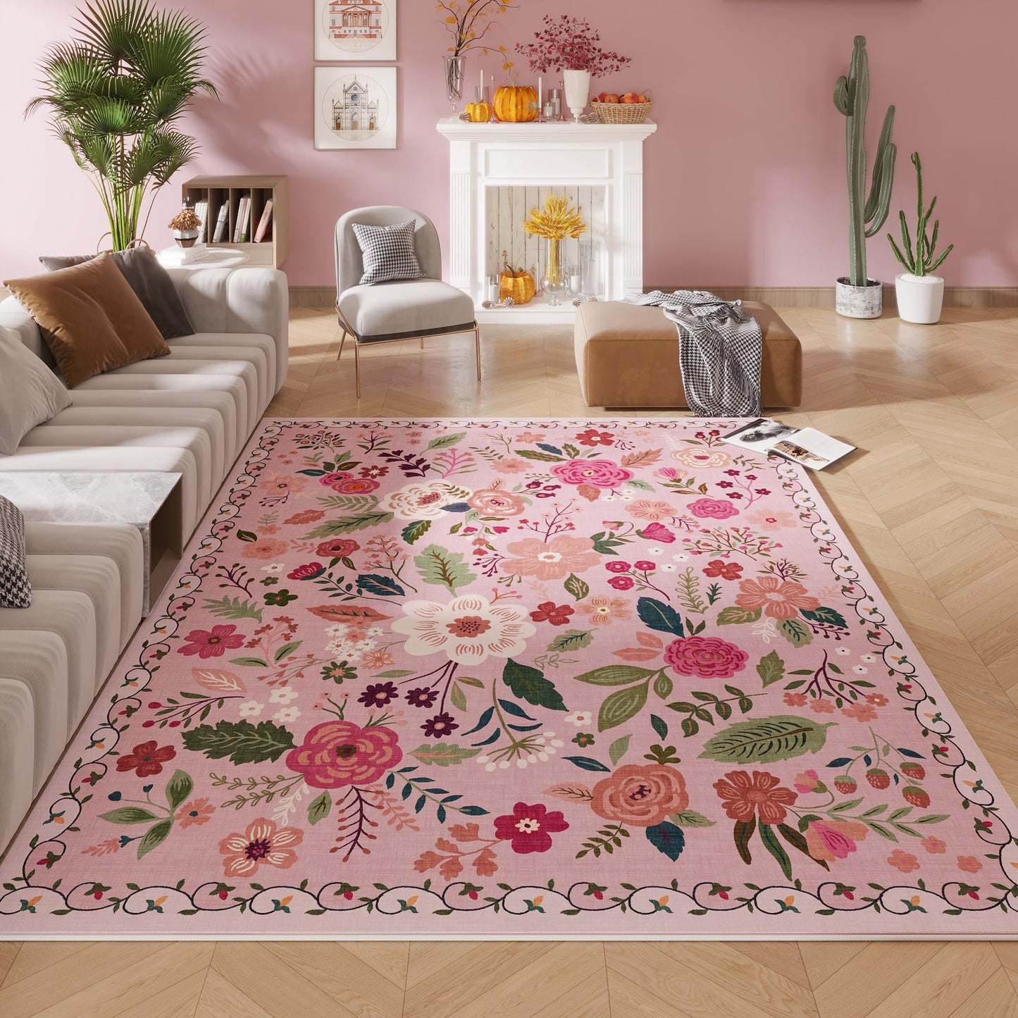Rugcomf Living Room Rug 5x7 Rug Machine Washable Boho Area Rug Non Slip Floral Vintage Low Pile Large Rugs for Living Room, Bedroom, Farmhouse, Dining Room, Kids Playroom(Black)