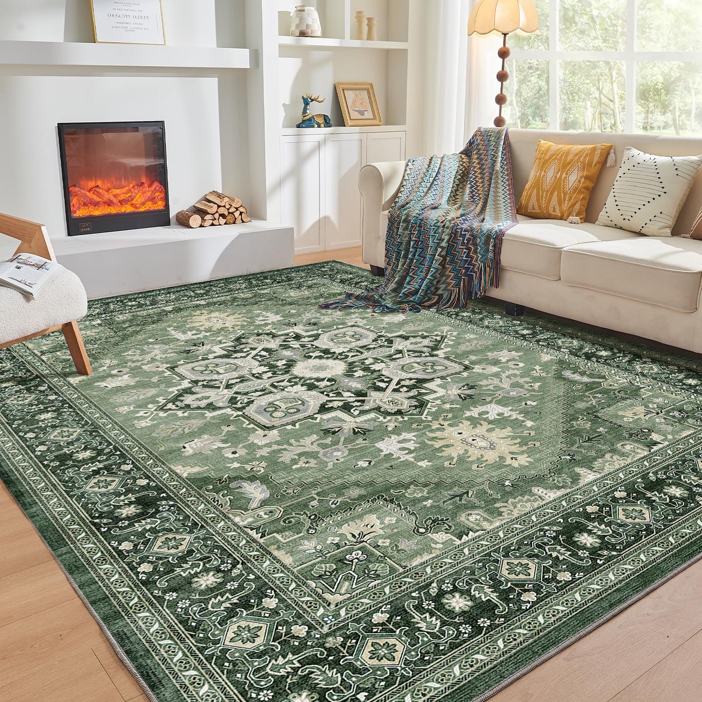 OPPODREAM Soft Area Rugs 5x7, Persian-Inspired Washable Rug, Blue & Gold | Low-Pile Faux Cashmere Surface, TPR Non-Slip Backing, 5 x 7 Carpet for Bedroom, Office, Dorm, Dining Room