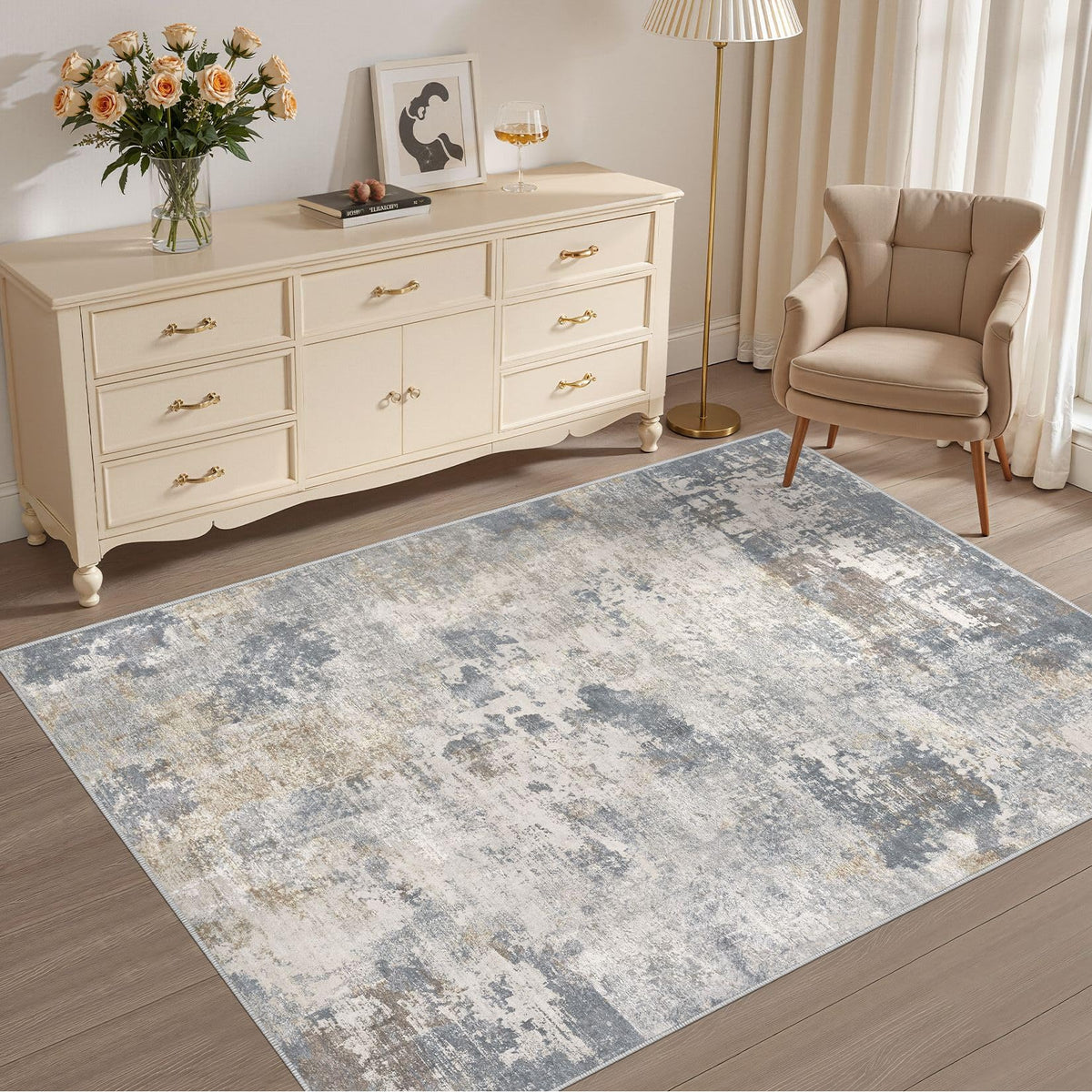 UERMEI 8x10 Area Rug Living Room Rugs - Washable Neutral Modern Abstract Soft Thin Large Rug Indoor Floor No Slip Rug Carpet for Bedroom Under Dining Table Home Office Decor - Brown Grey