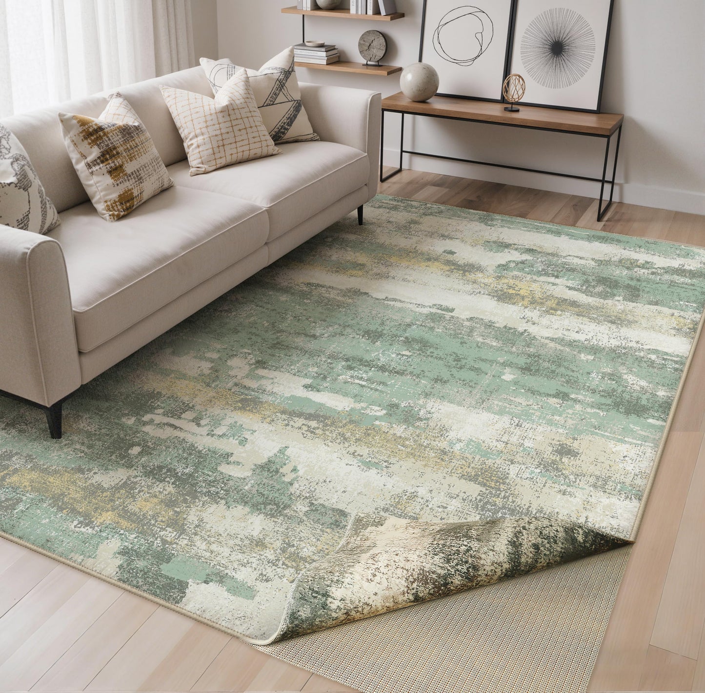 BEIMO 5x7 Green Abstract Area Rug, Washable Non-Slip for Bedroom | Soft Low-Pile Carpet, Lightweight and Easy to Vacuum, Sage Living Rooms, Dining Rooms, Bedrooms, and Home Offices