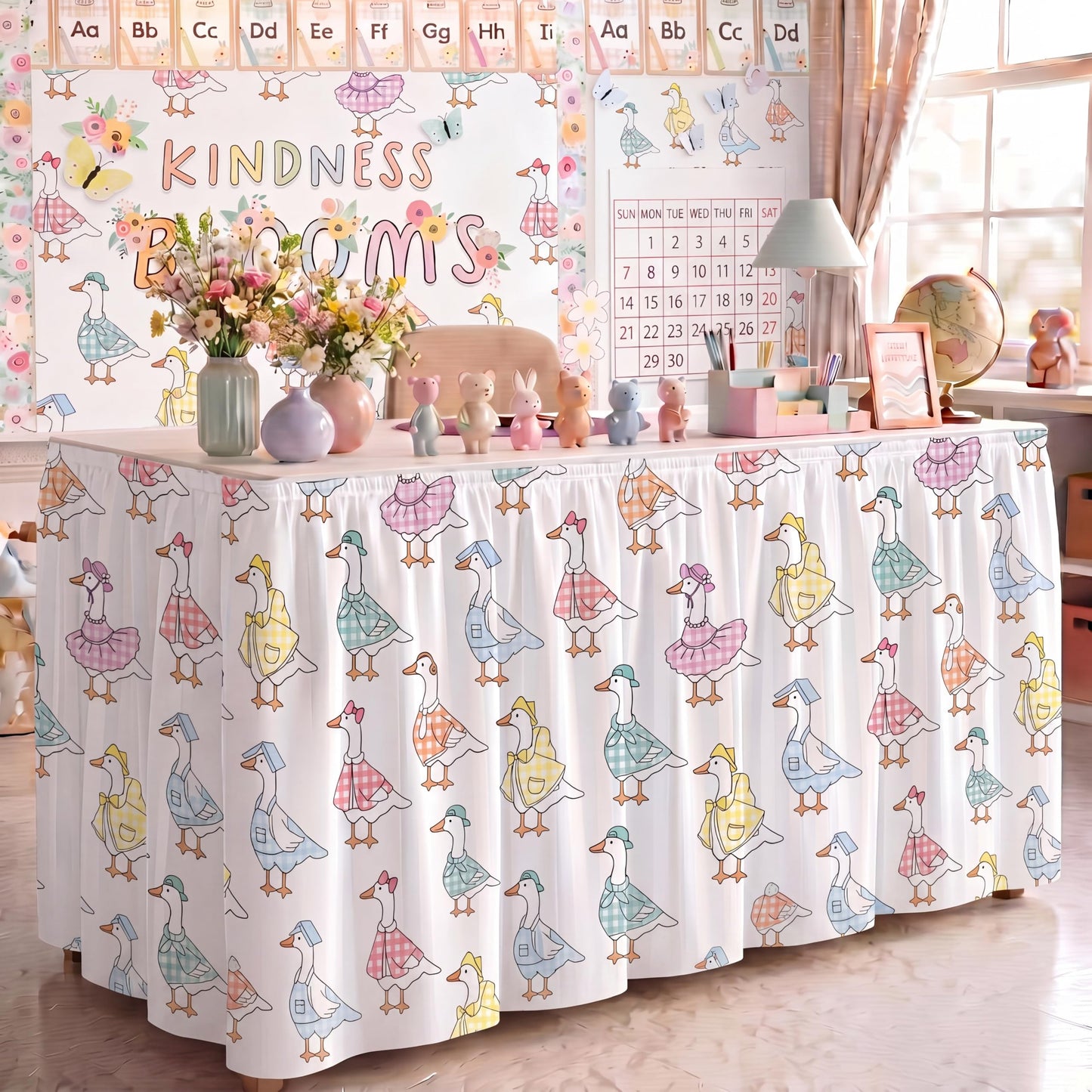 Teacher Desk Skirt 6 ft Pastel Checkered Classroom Decor | Ruffled Table Cover for Teacher Desk, Fits Kindergarten Office Decor, Back to School Classroom Supplies