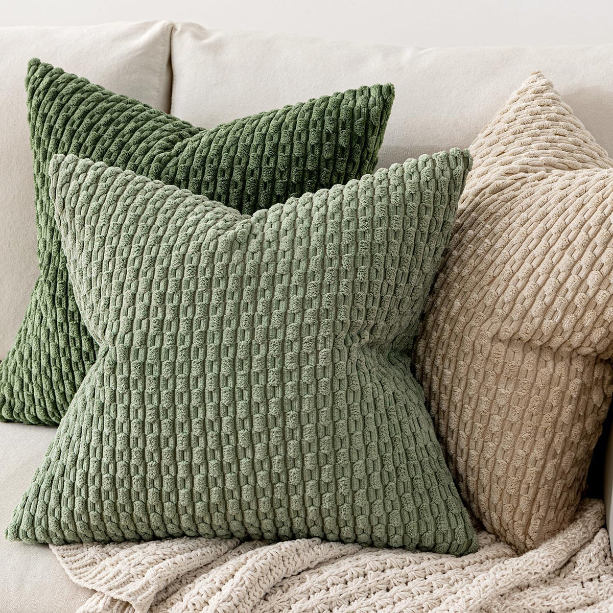 MIULEE Decorative Throw Pillow Covers 18x18 Sage Green Textured Corduroy | Pack of 2 Striped Pillow Covers Modern Farmhouse Home Decor for Couch Bed Sofa Living Room