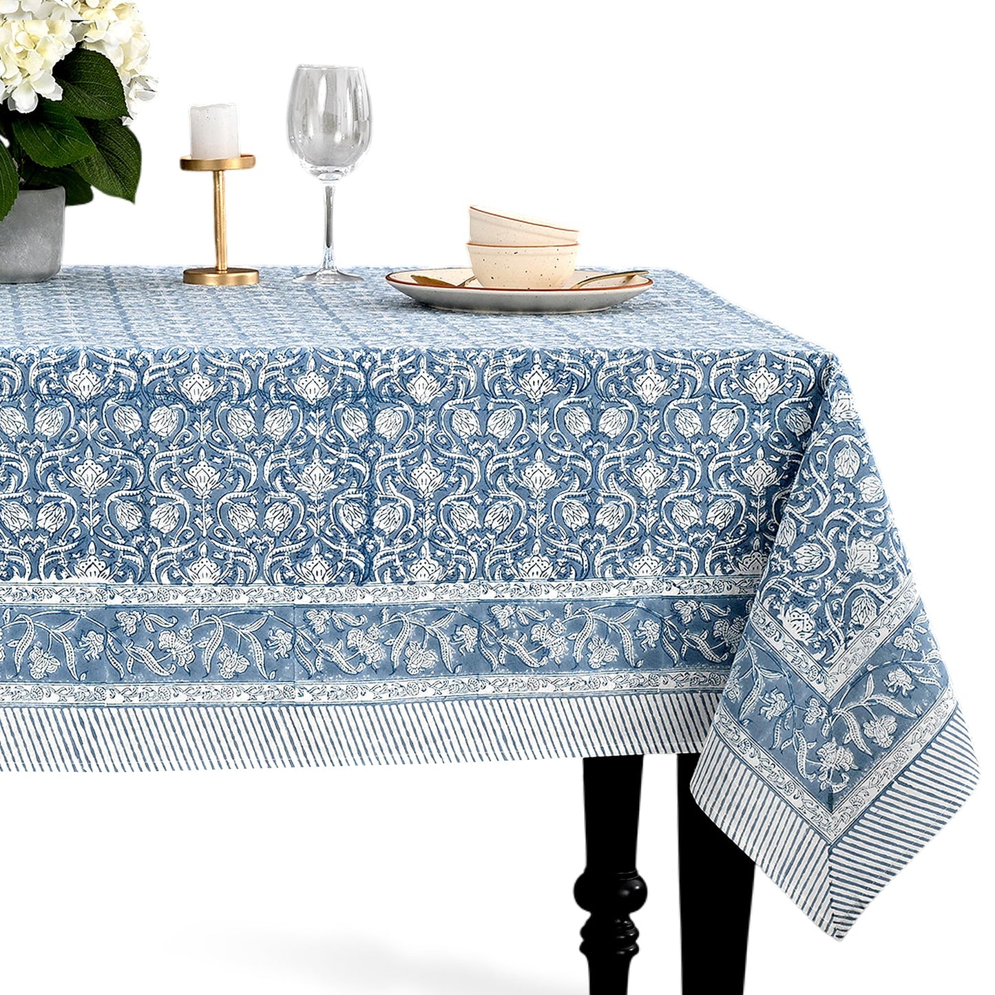 CPC Tablecloth 100% Cotton 70x108 Inch Indian Block Print Rectangle Table Cover, Blue Table Cloth for Weddings, Spring/Summer, Barbeque - Apatite Blue