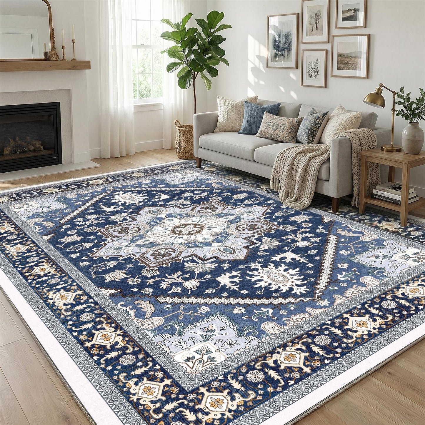 OPPODREAM Soft Area Rugs 5x7, Persian-Inspired Washable Rug, Blue & Gold | Low-Pile Faux Cashmere Surface, TPR Non-Slip Backing, 5 x 7 Carpet for Bedroom, Office, Dorm, Dining Room