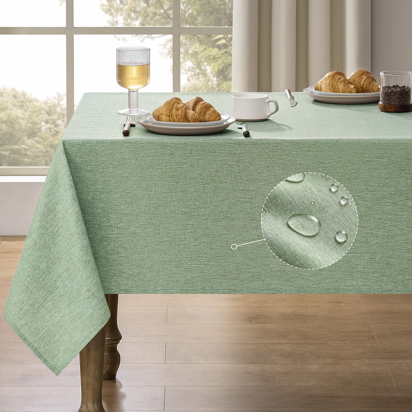 Decorelia Faux Linen Round Tablecloths 60 inch, Waterproof Decorative Washable Texture Rustic Circle Table Cloth Cover for Dining Kitchen Party Farmhouse Outdoor(Round (2-4 Seats),Sage Green)