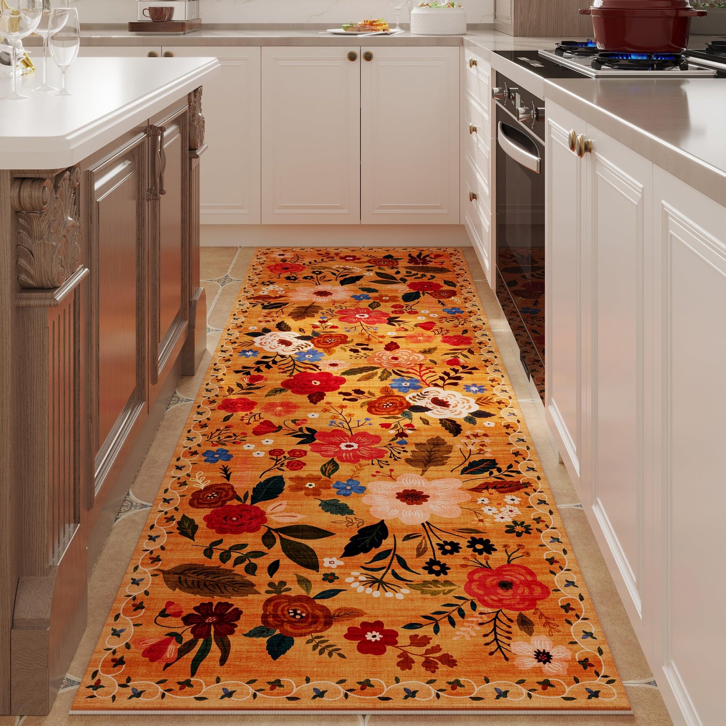 Rugcomf Living Room Rug 5x7 Rug Machine Washable Boho Area Rug Non Slip Floral Vintage Low Pile Large Rugs for Living Room, Bedroom, Farmhouse, Dining Room, Kids Playroom(Black)