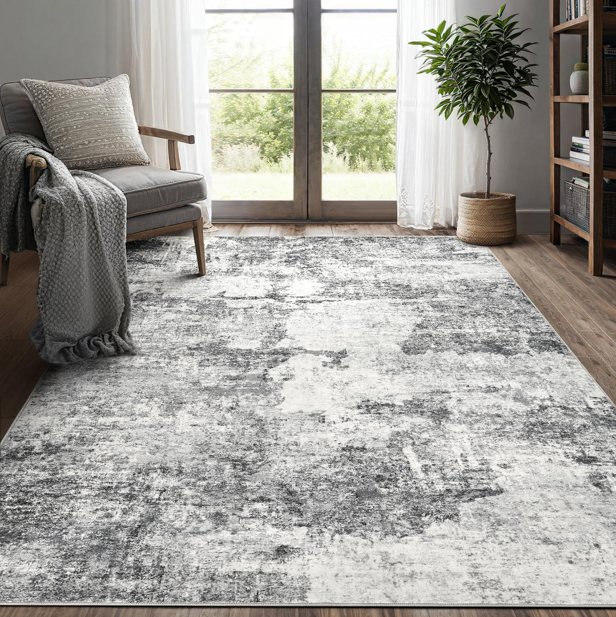DMOYEST 8x10 Area Rug for Living Room Washable Abstract Indoor Carpet | Neutral Modern Low Pile Rugs Kid & Pet Friendly Large Soft Thin Carpet for Bedroom Dining Room - Grey Blue