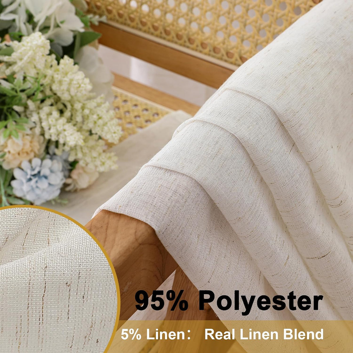 Linen Blend Sheer Curtains 84 inches Long 2 Panels Set for Bedroom, Natural Linen Light Filtering Semi Sheer Cutain for Living Room Rod Pocket Drapes, 2pcs, Each 40 W x 84 L