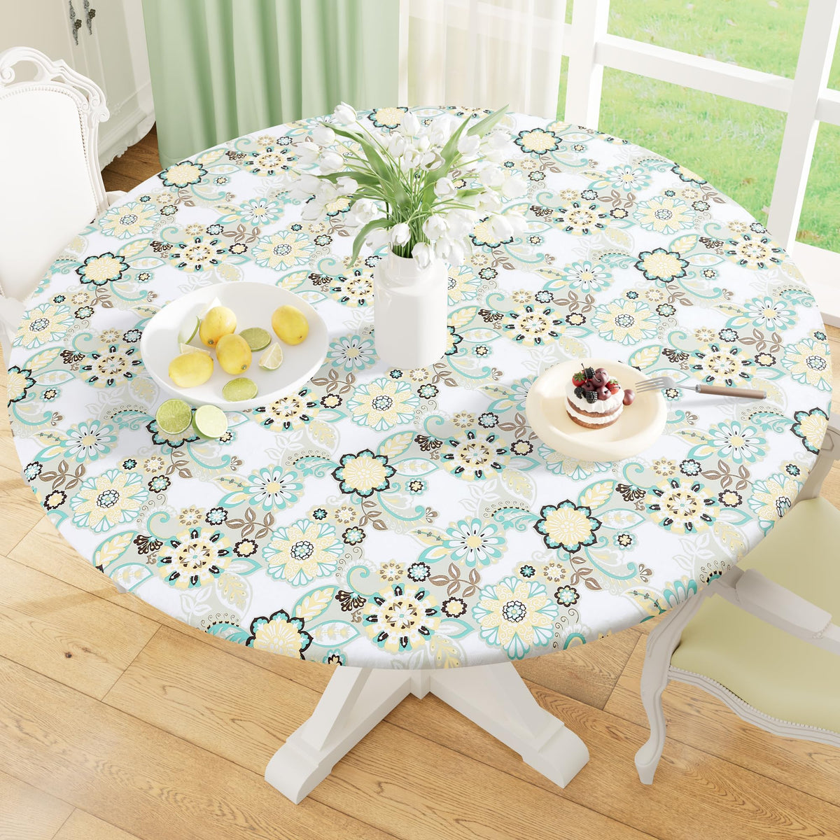 Round Fitted Tablecloth with Elastic Edge, 100% Waterproof Oil Proof Plastic Table Cover, Vinyl Flannel Backed Tablecloth Fits 36"-44" Round Tables for Dinner, Outdoor, Picnic, Oak Wooden Grain