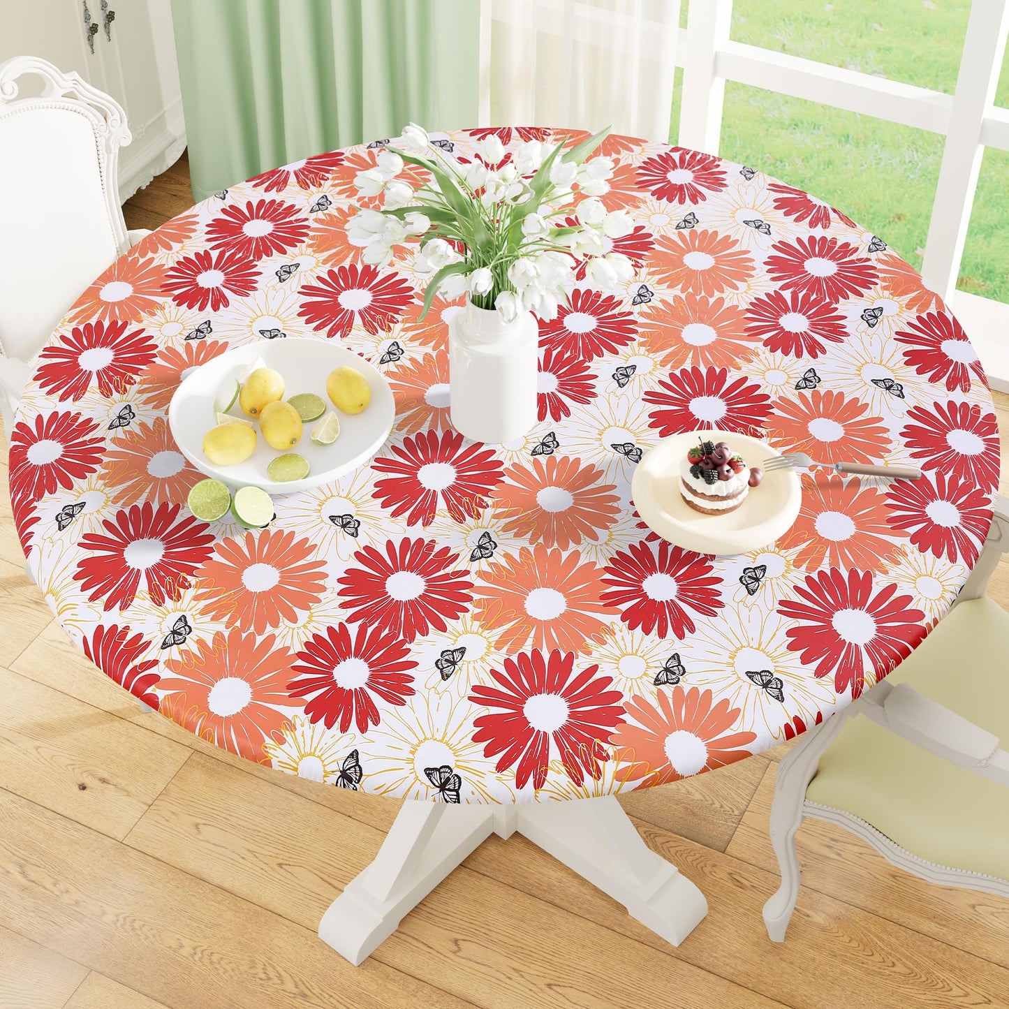 Round Fitted Tablecloth with Elastic Edge, 100% Waterproof Oil Proof Plastic Table Cover, Vinyl Flannel Backed Tablecloth Fits 36"-44" Round Tables for Dinner, Outdoor, Picnic, Oak Wooden Grain