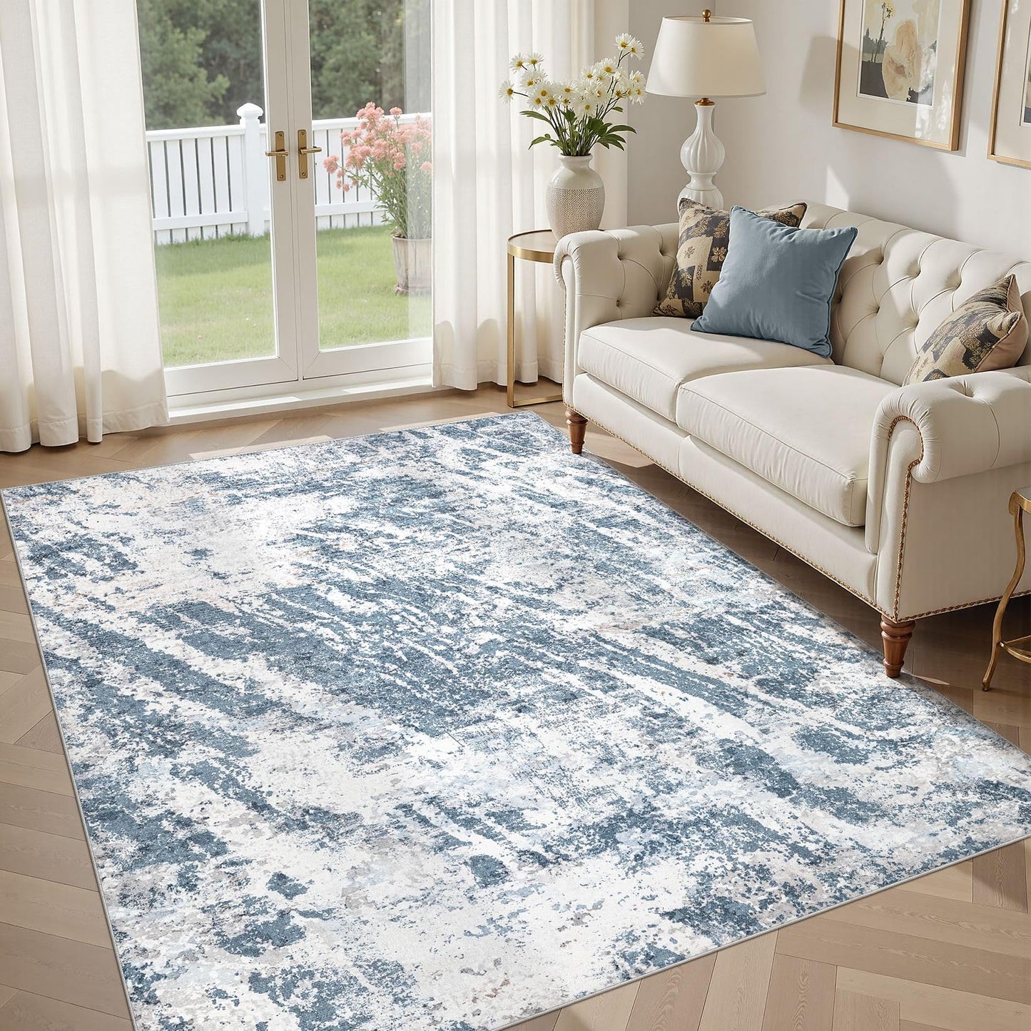 DMOYEST 8x10 Area Rug for Living Room Washable Abstract Indoor Carpet | Neutral Modern Low Pile Rugs Kid & Pet Friendly Large Soft Thin Carpet for Bedroom Dining Room - Grey Blue