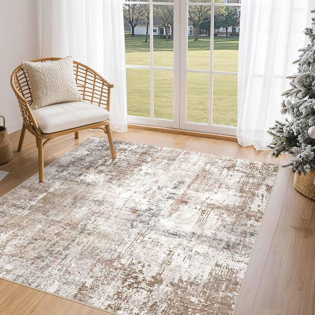 UERMEI 9x12 Area Rug Living Room Rugs - Washable Neutral Modern Abstract Soft Thin Large Rug Indoor Floor No Slip Rug Carpet for Bedroom Under Dining Table Home Office Decor - Brown Grey