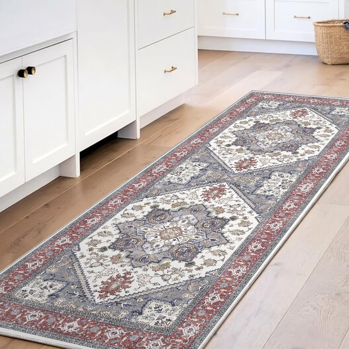 OPPODREAM Soft Area Rugs 5x7, Persian-Inspired Washable Rug, Blue & Gold | Low-Pile Faux Cashmere Surface, TPR Non-Slip Backing, 5 x 7 Carpet for Bedroom, Office, Dorm, Dining Room
