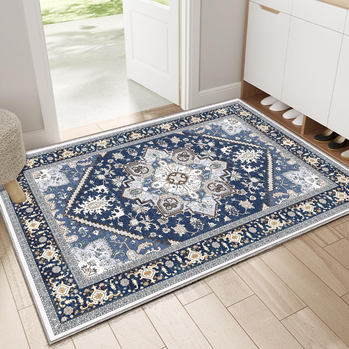 OPPODREAM Soft Area Rugs 5x7, Persian-Inspired Washable Rug, Blue & Gold | Low-Pile Faux Cashmere Surface, TPR Non-Slip Backing, 5 x 7 Carpet for Bedroom, Office, Dorm, Dining Room