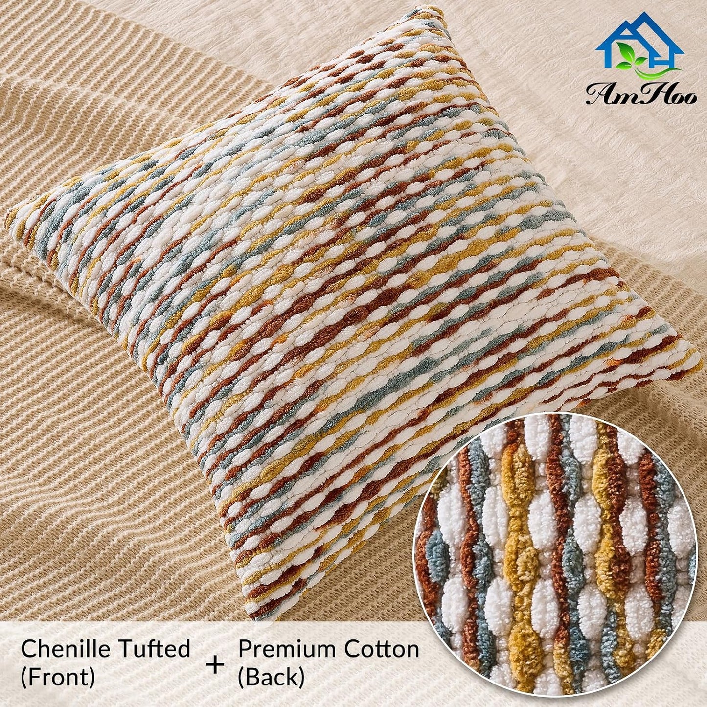 Set of 2 Boho Chenille Pillow Cover Decorative Tufted Pillowcase for Couch Bed Sofa Bedroom Living Room Modern 18 x 18-Inch Brown