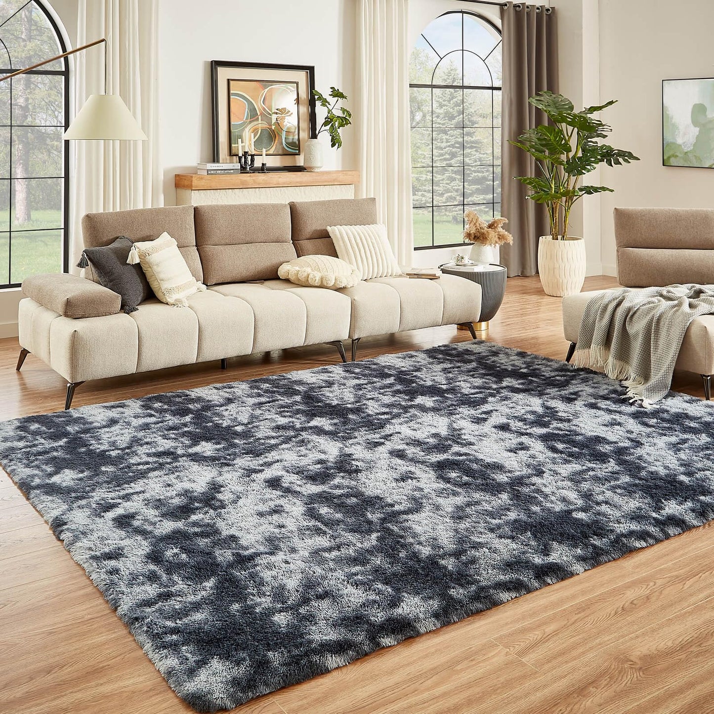 Floralux Rugs for Living Room, 6x9 Large Shag Area Rug, Tie-Dyed Light Grey Soft Fluffy Carpets for Bedroom