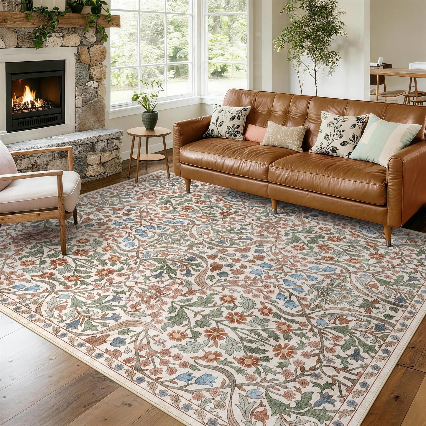 5x7 Washable Area Rug Green Boho Floral for Living Room Bedroom Nursery | Carpet for Dining Room, Soft Low-Pile Non-Slip Faux Wool, Farmhouse Indoor, Kid & Pet Friendly, Stain, Fade & Wear Resistant