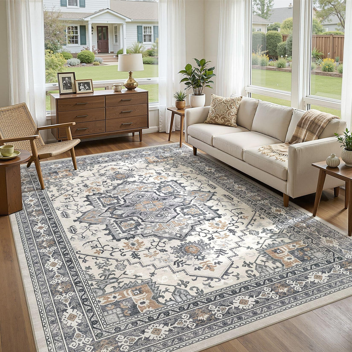 UERMEI 8x10 Area Rug Living Room Rugs - Washable Neutral Modern Abstract Soft Thin Large Rug Indoor Floor No Slip Rug Carpet for Bedroom Under Dining Table Home Office Decor - Brown Grey