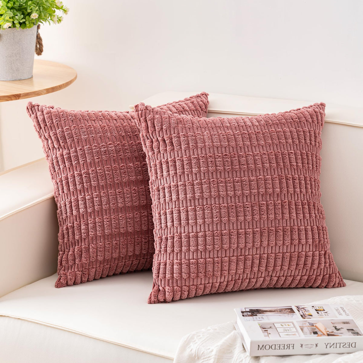 Pack of 2 Corduroy Decorative Throw Pillow Covers 18x18 Inch, Cream White | Fall Soft Striped Pillow Covers Modern Farmhouse Home Decor Christmas Throw Pillow Covers for Sofa Living Room Couch Bed ﻿