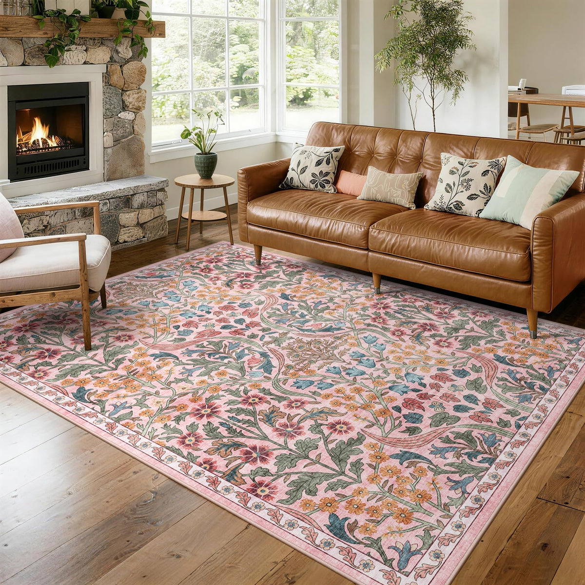 5x7 Washable Area Rug Green Boho Floral for Living Room Bedroom Nursery | Carpet for Dining Room, Soft Low-Pile Non-Slip Faux Wool, Farmhouse Indoor, Kid & Pet Friendly, Stain, Fade & Wear Resistant