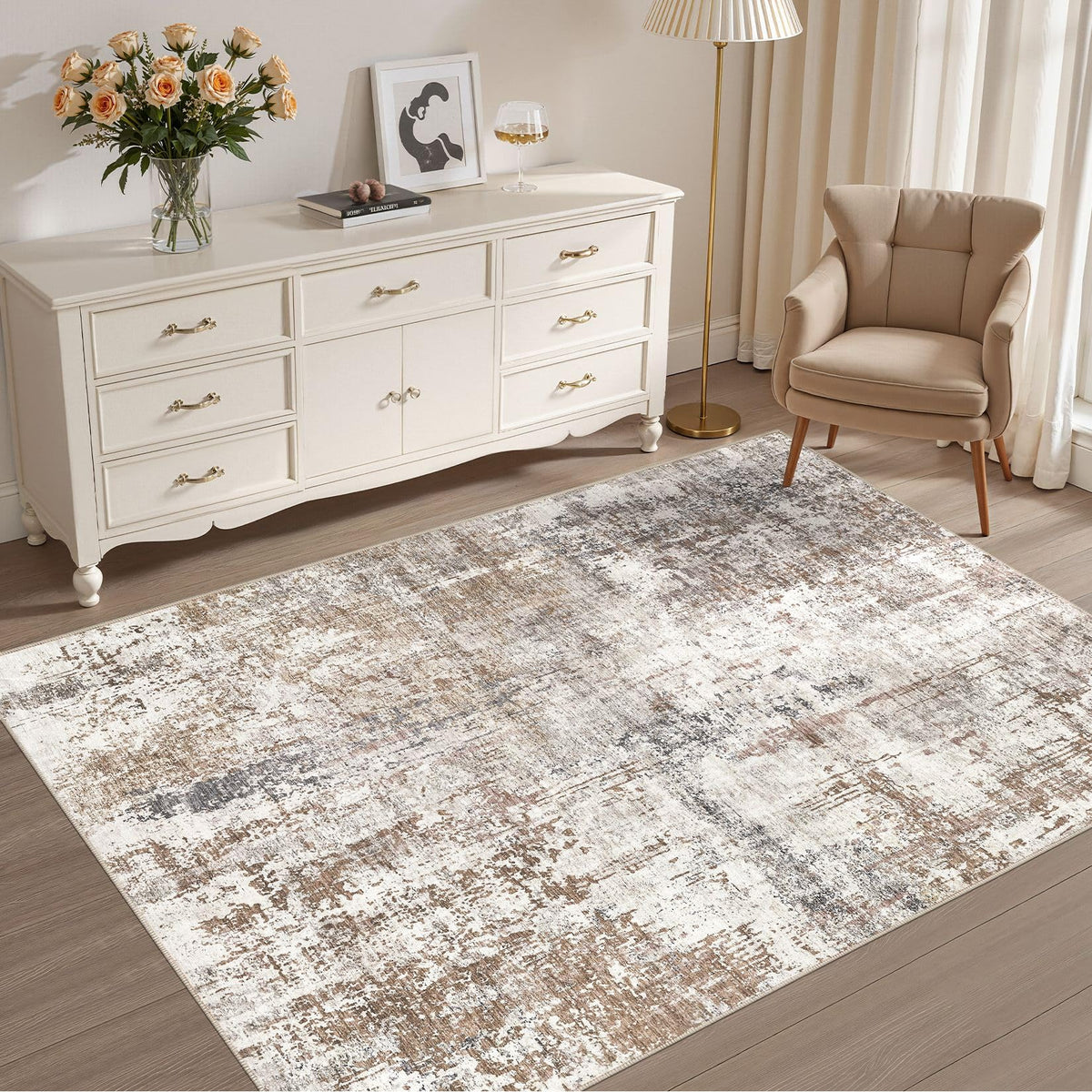 UERMEI 9x12 Area Rug Living Room Rugs - Washable Neutral Modern Abstract Soft Thin Large Rug Indoor Floor No Slip Rug Carpet for Bedroom Under Dining Table Home Office Decor - Brown Grey