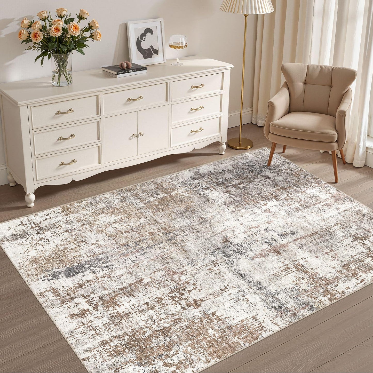UERMEI 8x10 Area Rug Living Room Rugs - Washable Neutral Modern Abstract Soft Thin Large Rug Indoor Floor No Slip Rug Carpet for Bedroom Under Dining Table Home Office Decor - Brown Grey