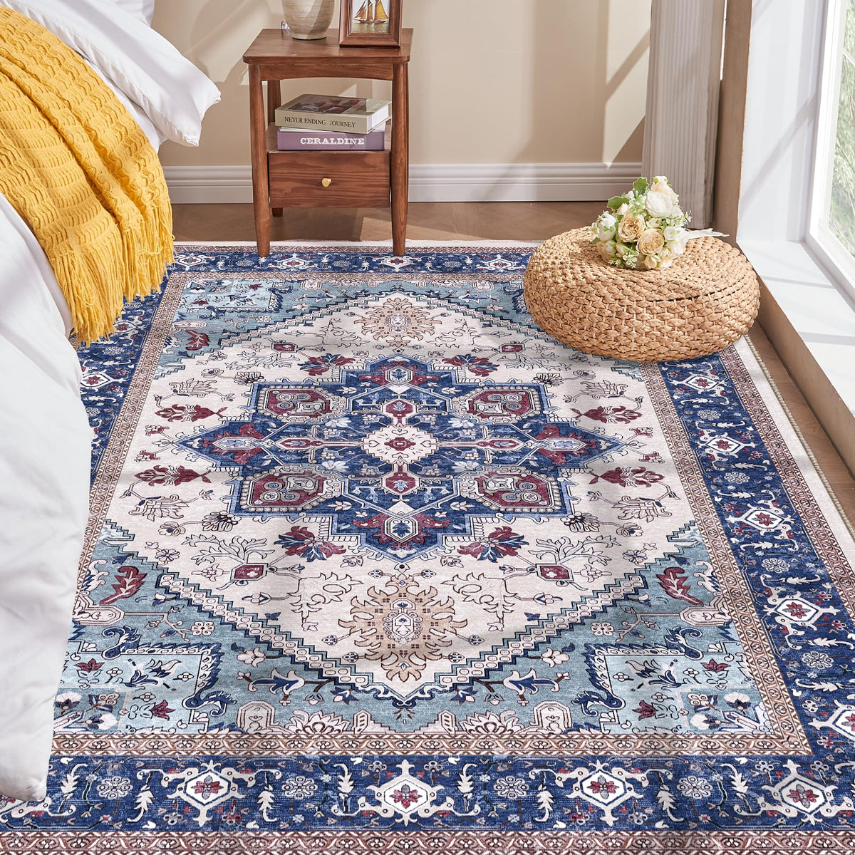 OPPODREAM Soft Area Rugs 5x7, Persian-Inspired Washable Rug, Blue & Gold | Low-Pile Faux Cashmere Surface, TPR Non-Slip Backing, 5 x 7 Carpet for Bedroom, Office, Dorm, Dining Room