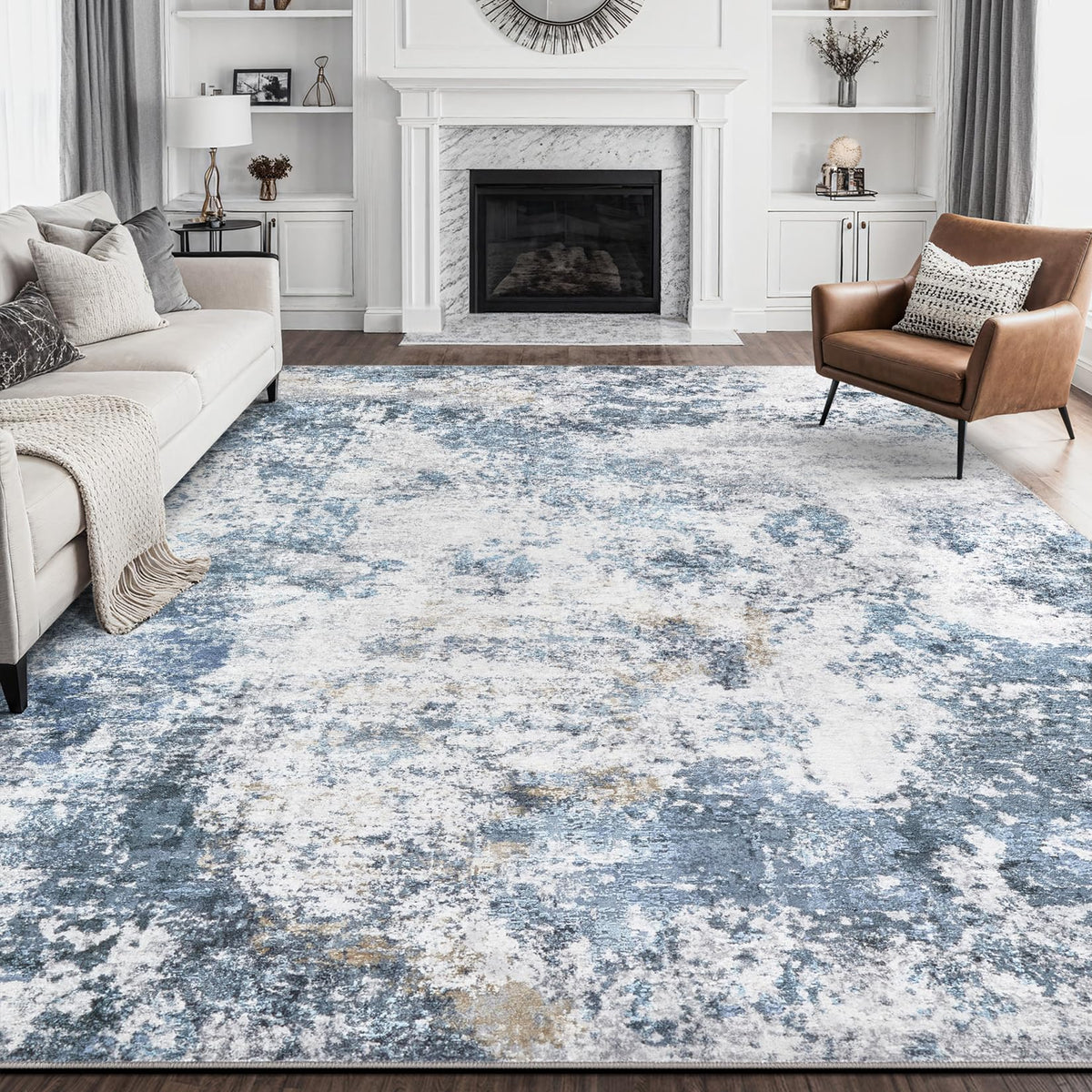 DMOYEST 8x10 Area Rug for Living Room Washable Abstract Indoor Carpet | Neutral Modern Low Pile Rugs Kid & Pet Friendly Large Soft Thin Carpet for Bedroom Dining Room - Grey Blue