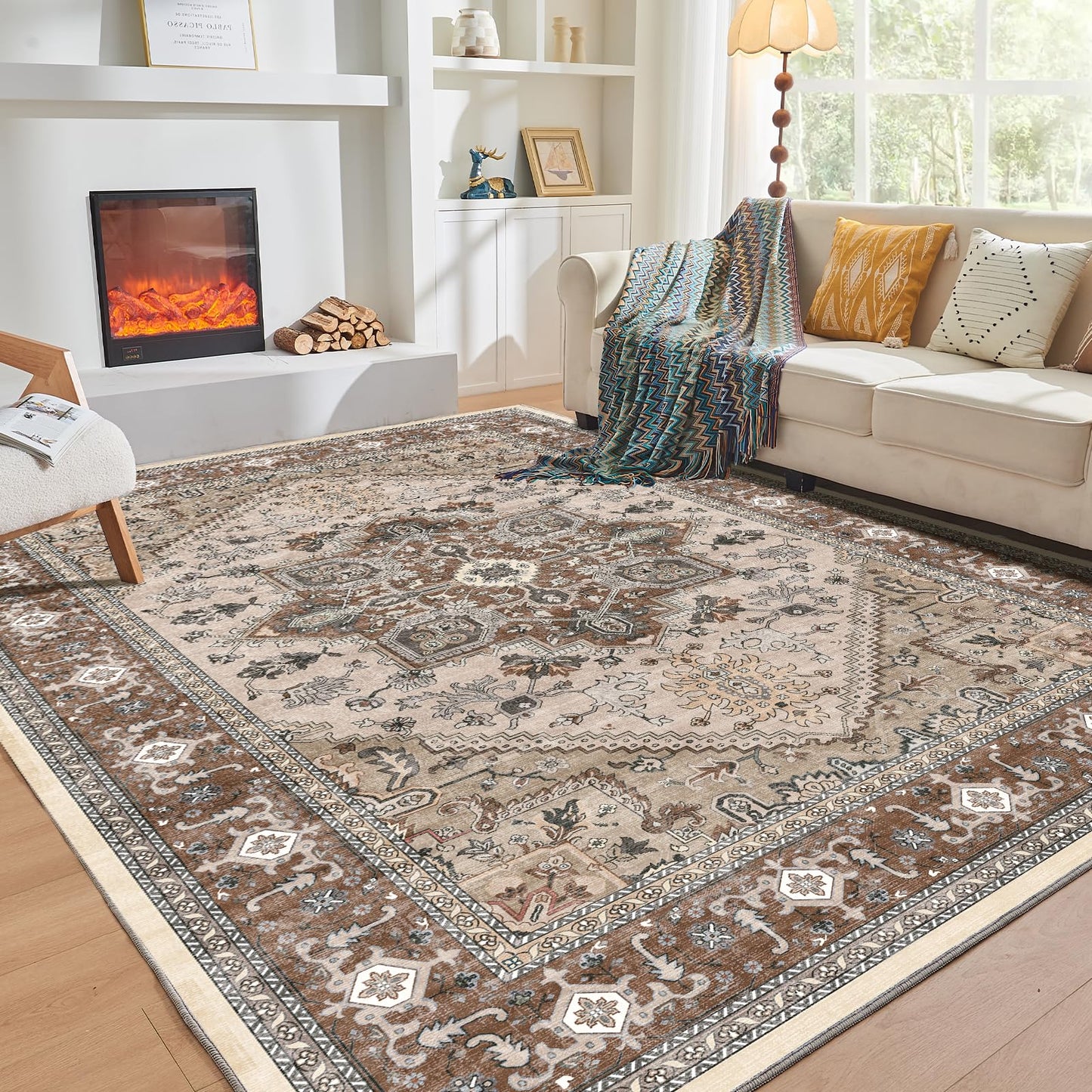 OPPODREAM Soft Area Rugs 5x7, Persian-Inspired Washable Rug, Blue & Gold | Low-Pile Faux Cashmere Surface, TPR Non-Slip Backing, 5 x 7 Carpet for Bedroom, Office, Dorm, Dining Room