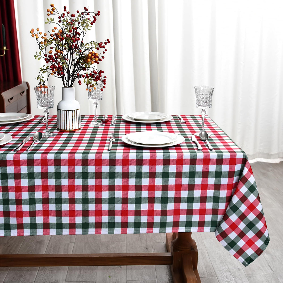 Waterproof Checkered Tablecloth Fabric - Rectangle 58x84 Inch Classic Gingham Buffalo Plaid Table Cloth for Indoor/Outdoor Use - Washable Table Cover for Kitchen, BBQs, and Parties