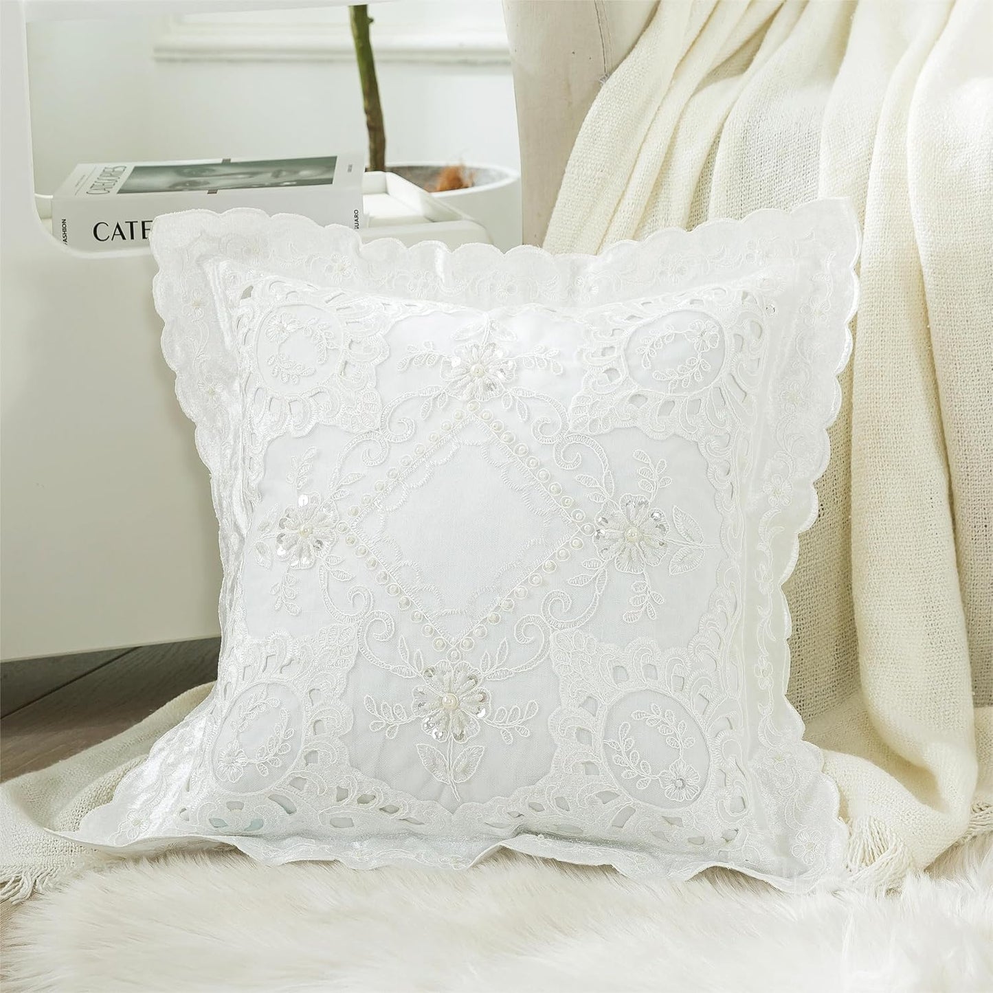 White Embroidery Throw Pillow Cover with Floral Hand Beaded 16"x16", 1 Pack | Handmade Cushion Cover, Wedding Pillowcases, Cotton Blending Silk