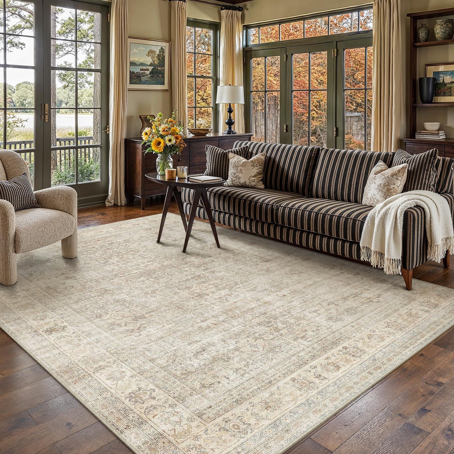 8x10 Area Rug Brown Vintage Distressed Carpet | Washable, Non Slip, Soft Low Pile, Indoor Retro Rugs for Large Living Room, Dining Room, Bedroom